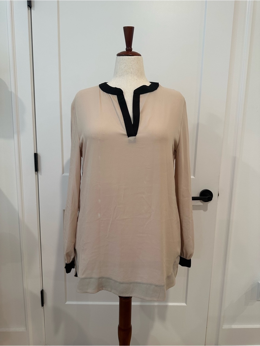 Beige Blouse with Black Trim V-Neck